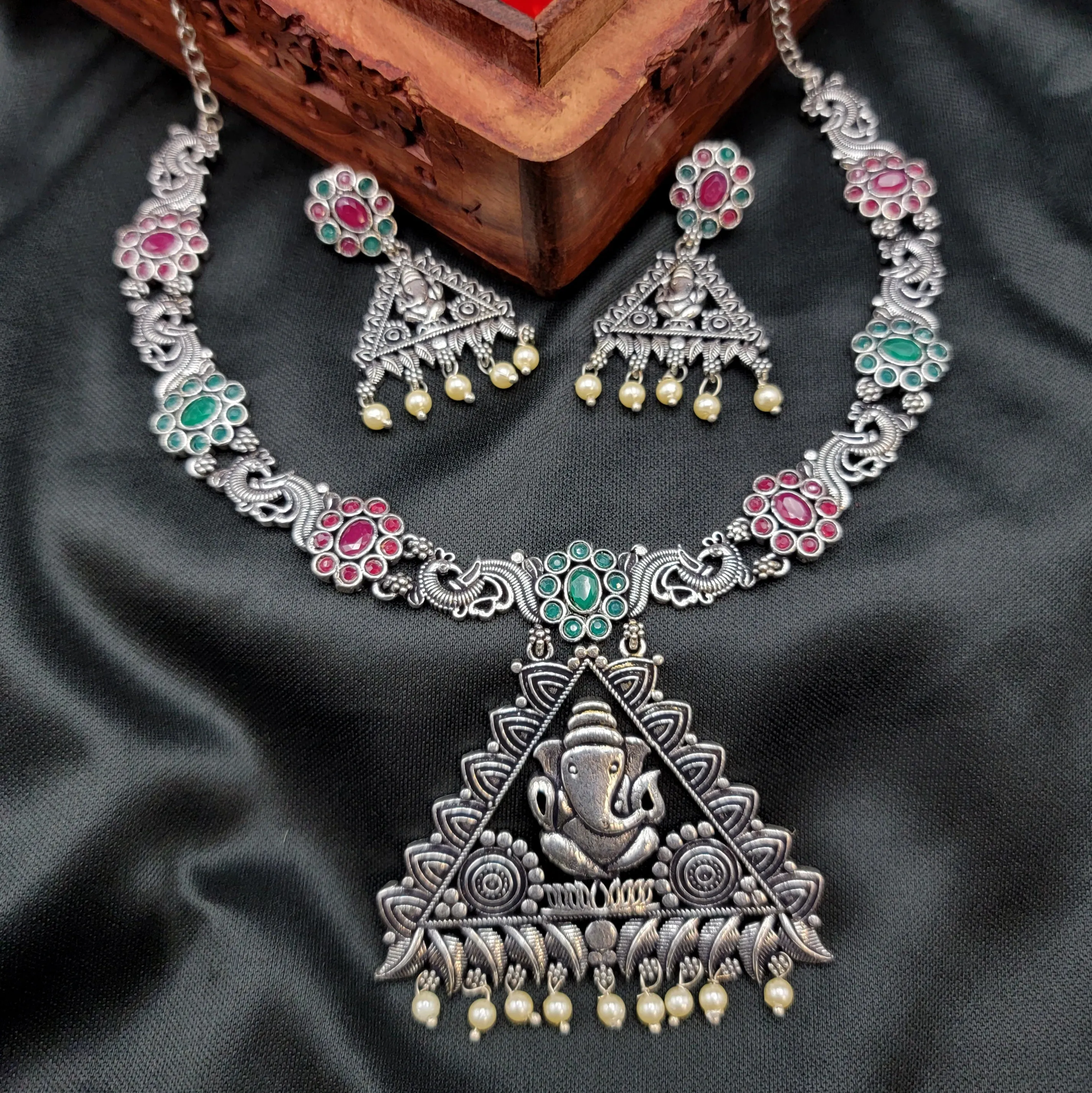 Ganesha Oxidized Silver Necklace Set