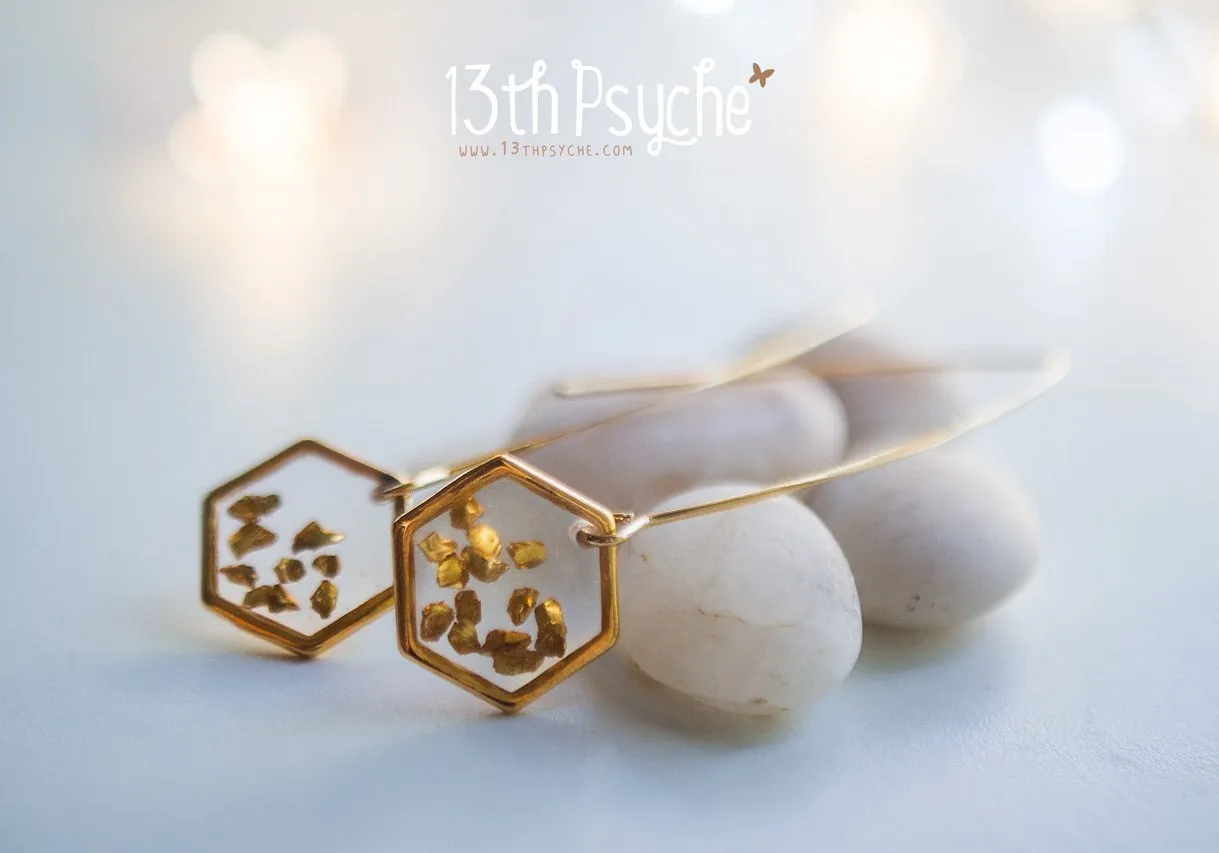 Gold honeycomb hexagon resin earrings