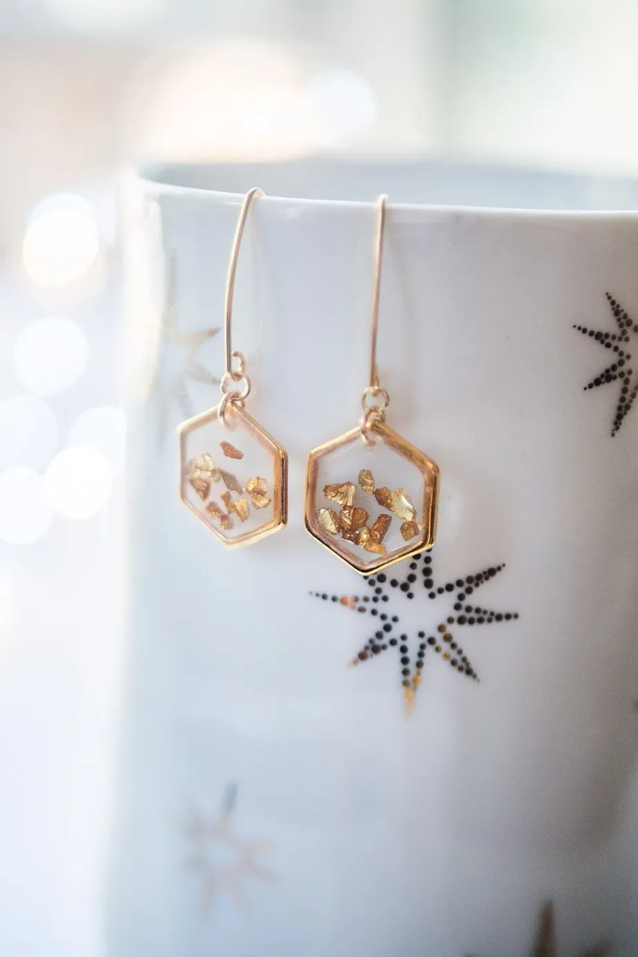 Gold honeycomb hexagon resin earrings