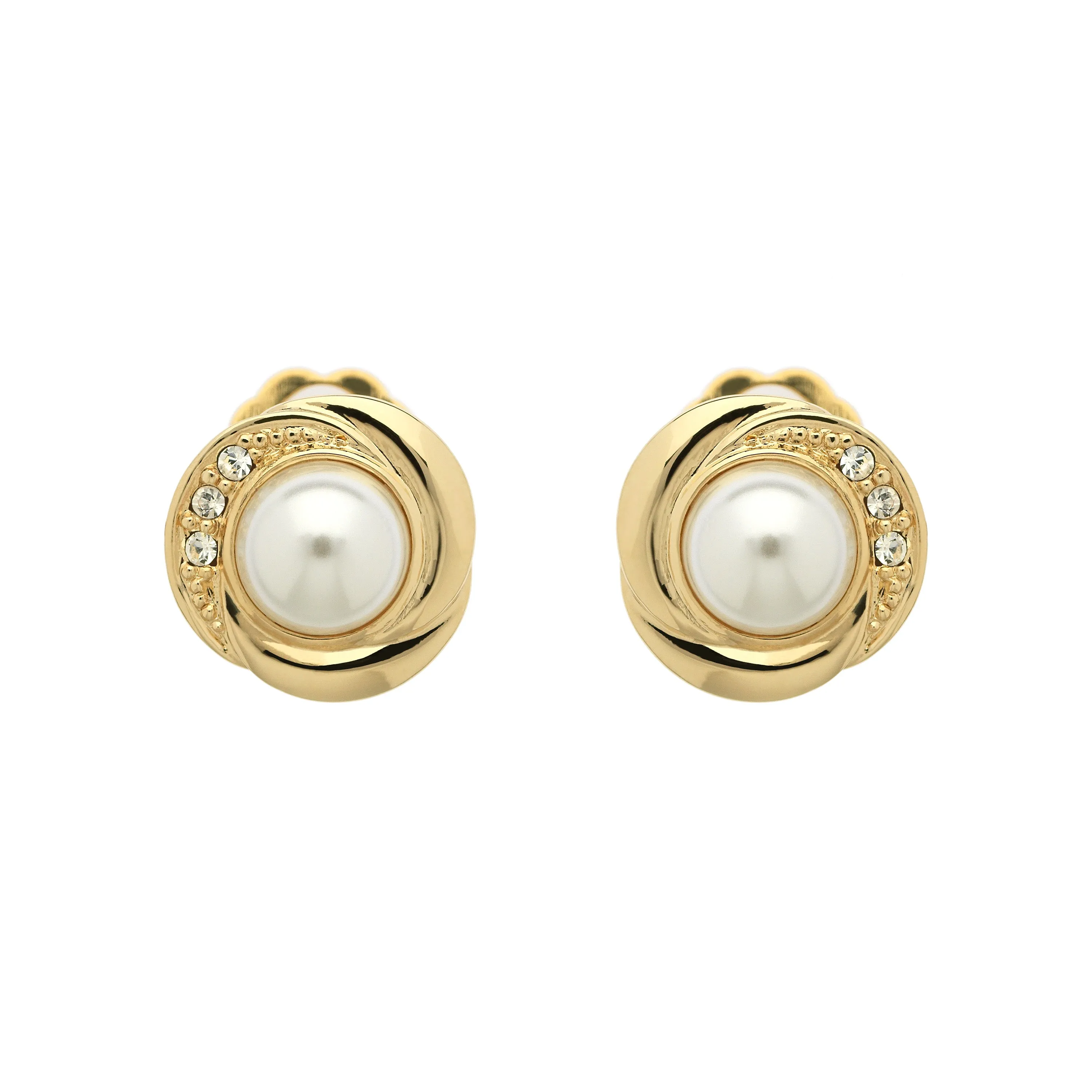 Gold Pearl & Crystal Stud Clip Earrings