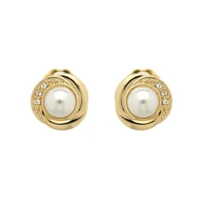 Gold Pearl & Crystal Stud Clip Earrings