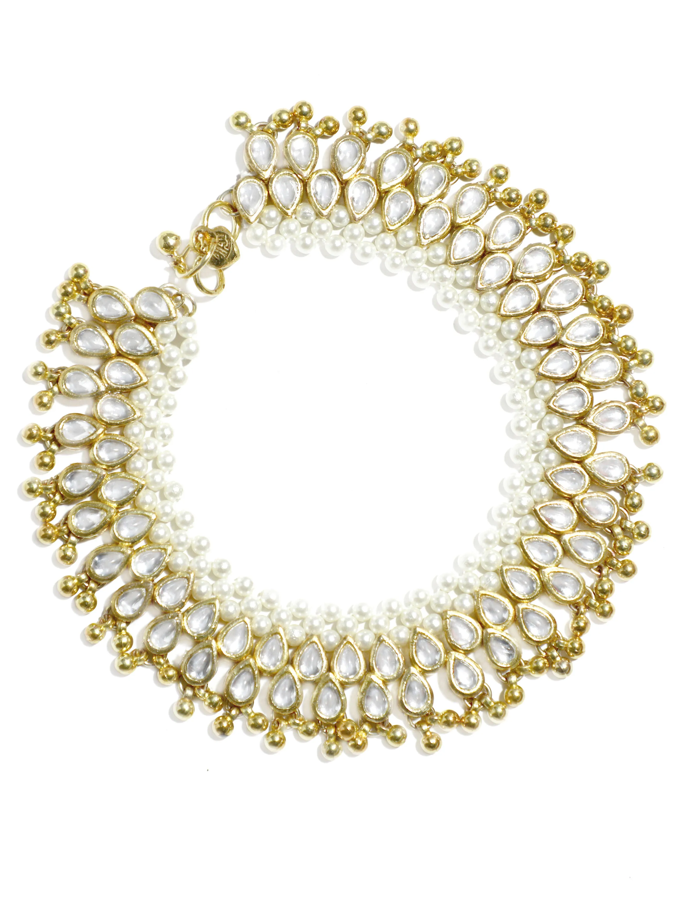 Gold Plated Pearl and Kundan Studded Anklet