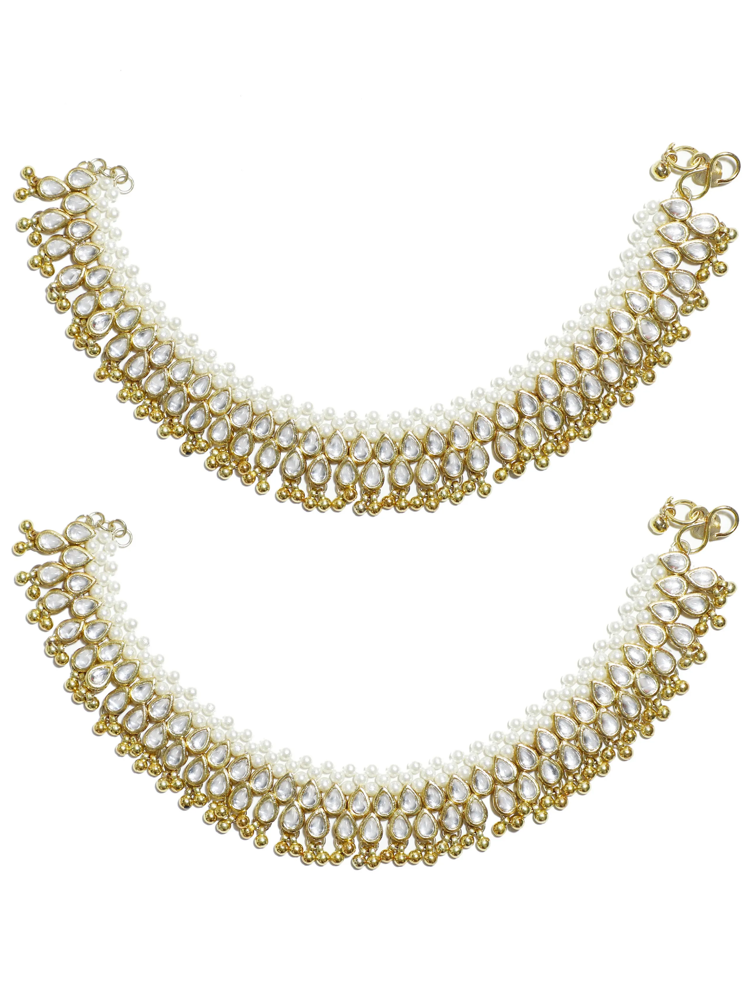 Gold Plated Pearl and Kundan Studded Anklet