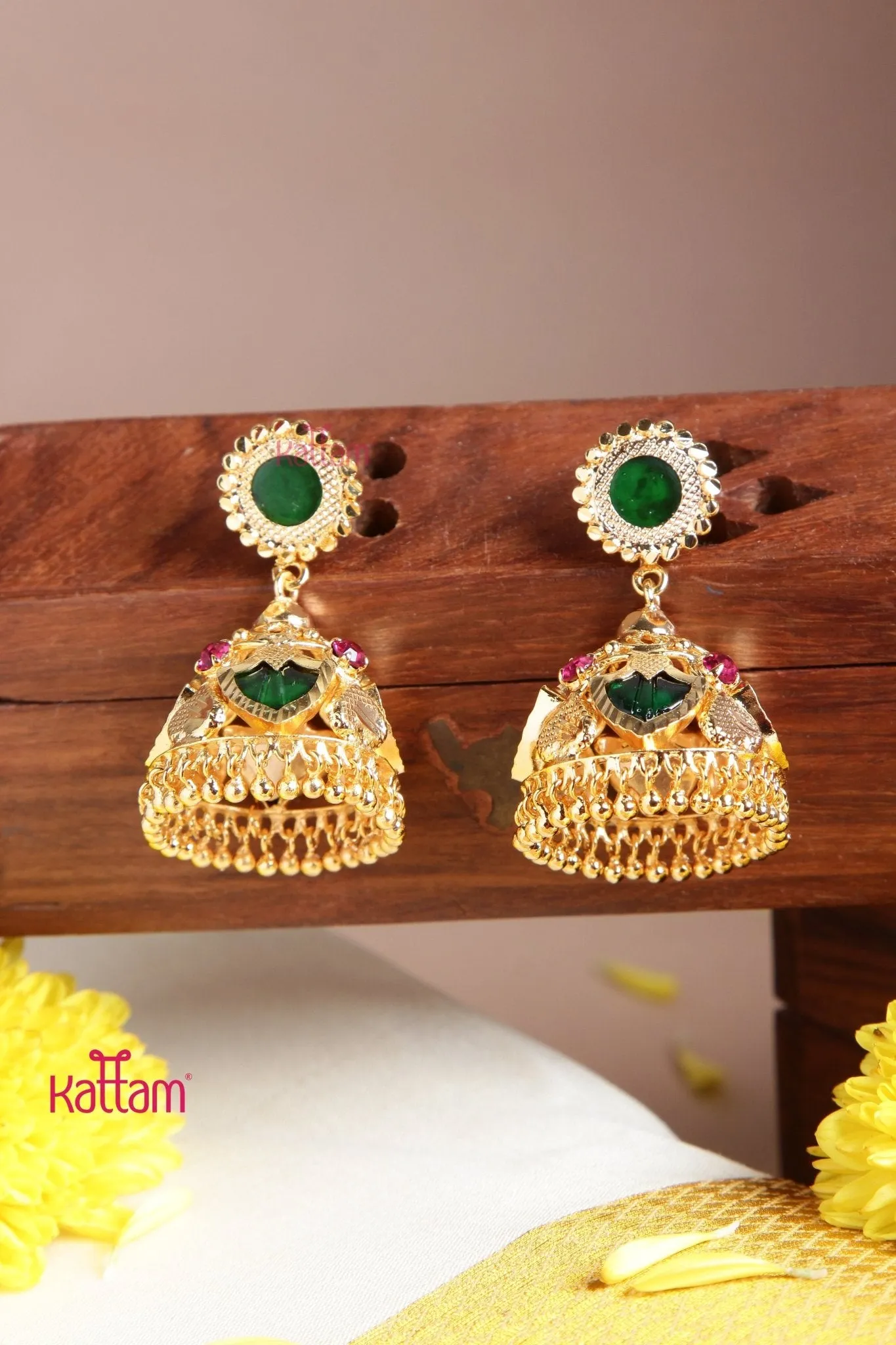 Goldtone Palakka Green Jhumka