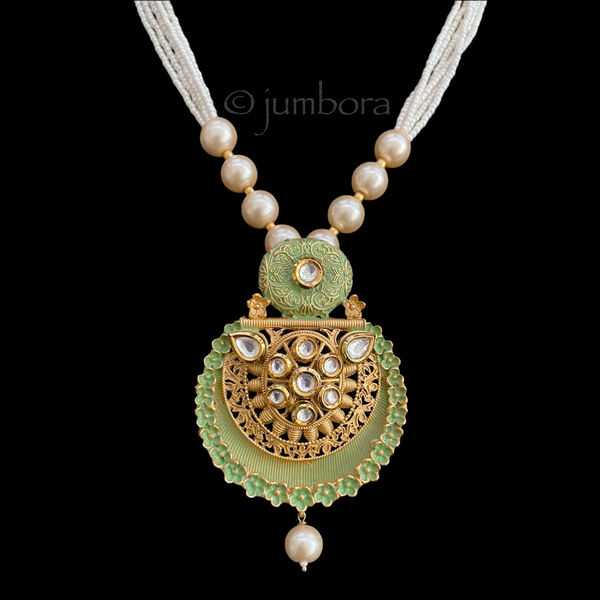 Hand-painted Mint Green Kundan Pearl Necklace