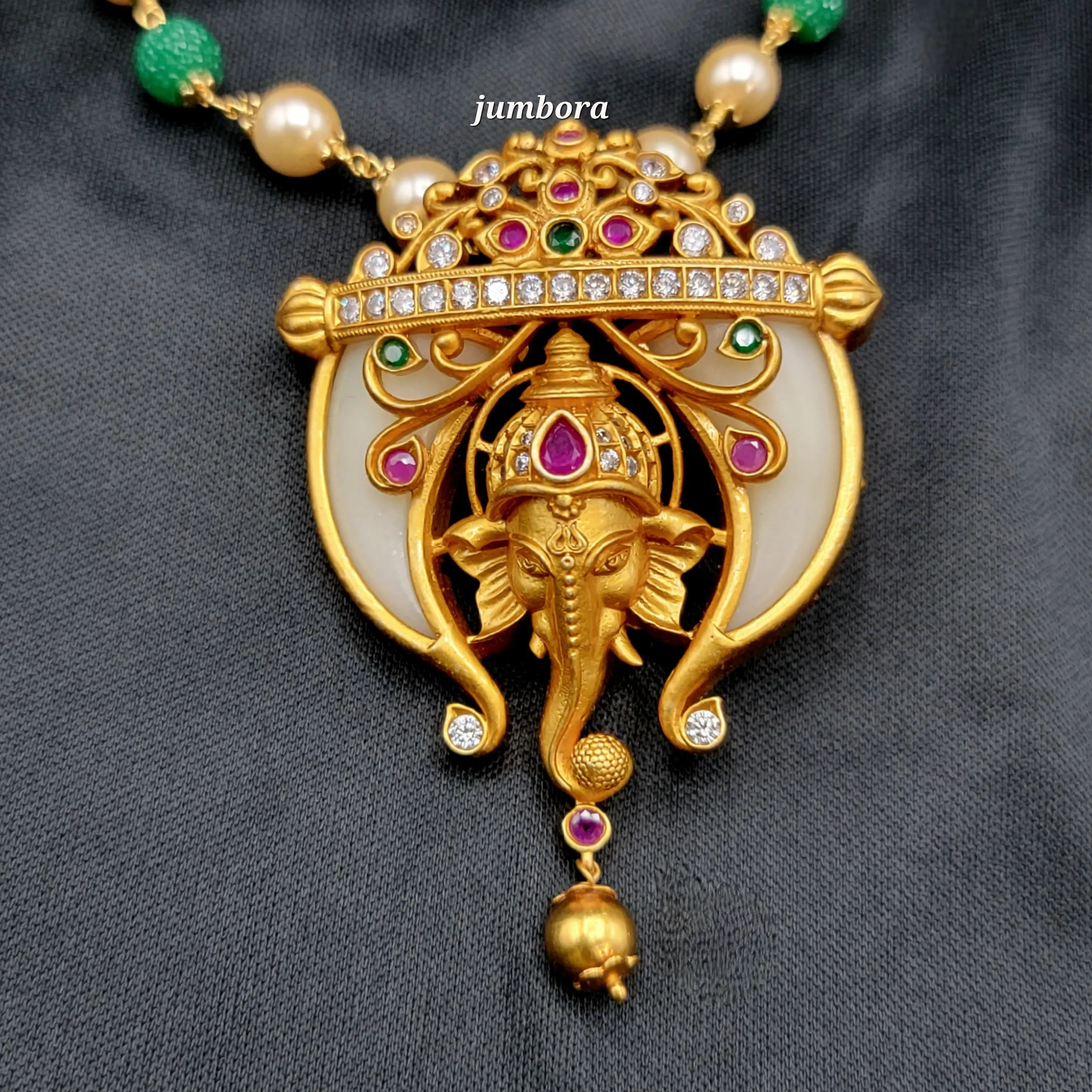 Handmade Ganesha Matte Gold Pearl Mala Necklace