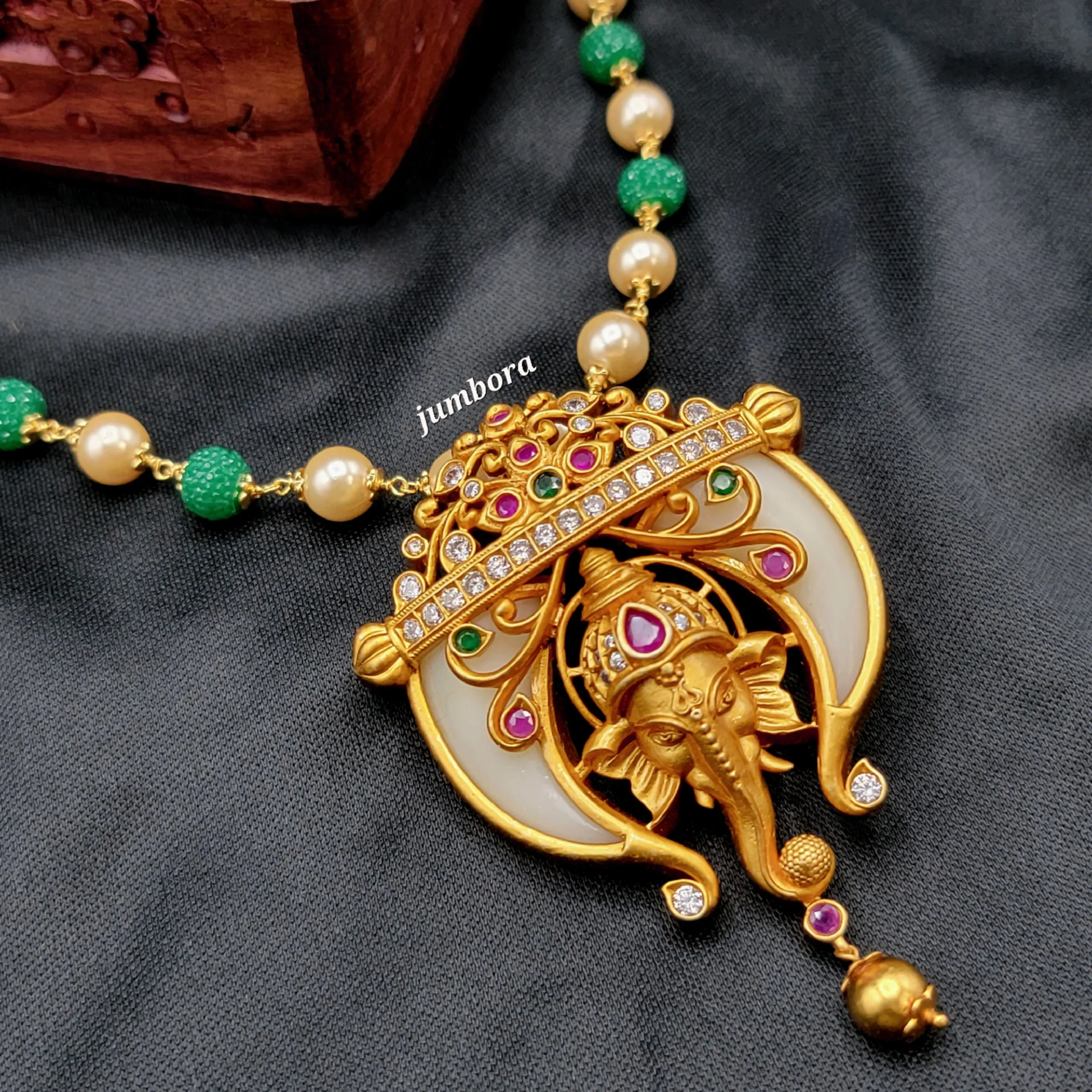 Handmade Ganesha Matte Gold Pearl Mala Necklace