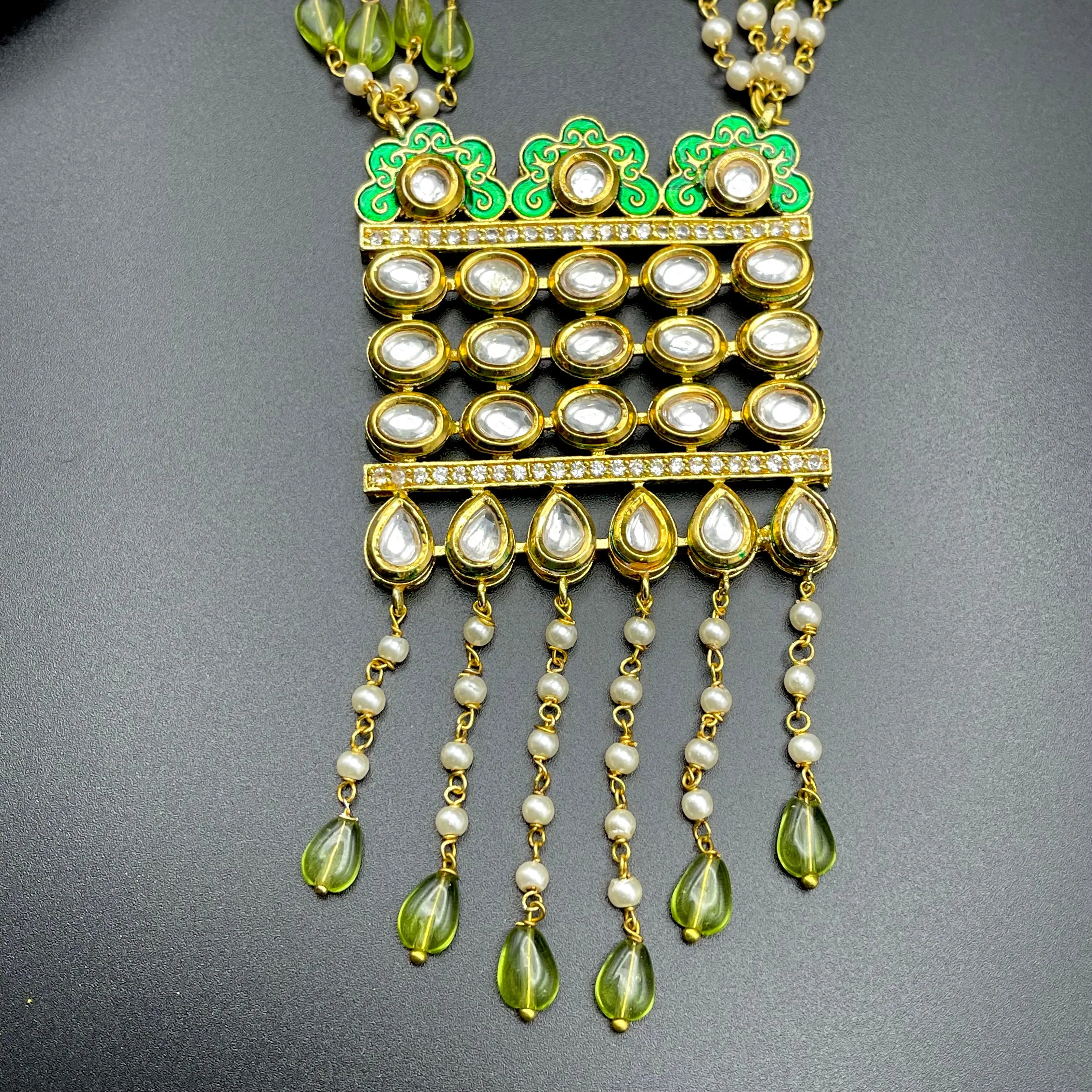 Handmade Kundan Peridot Green Glass Beads Mala