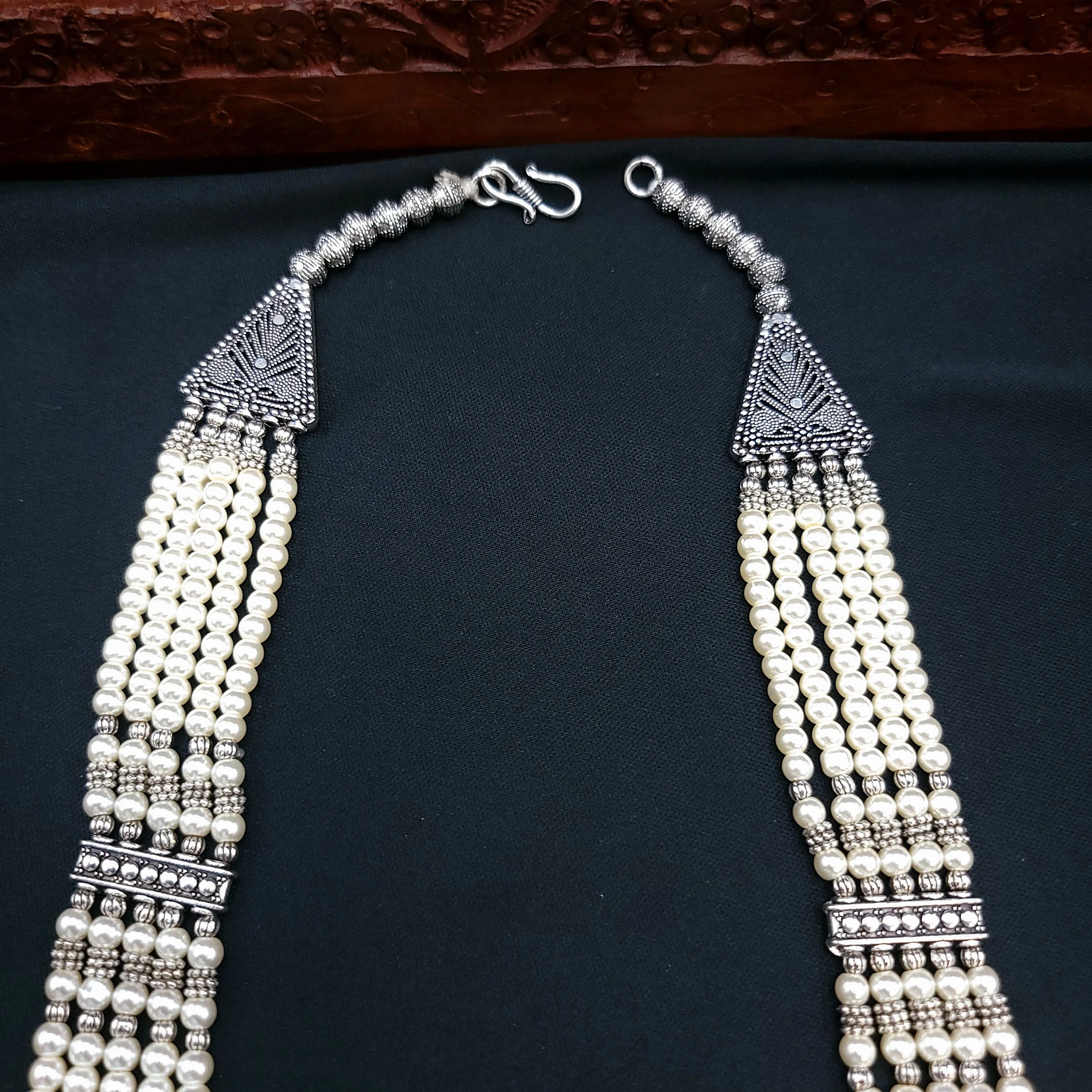 Handmade Oxidized German Silver Necklace Pearl Mala