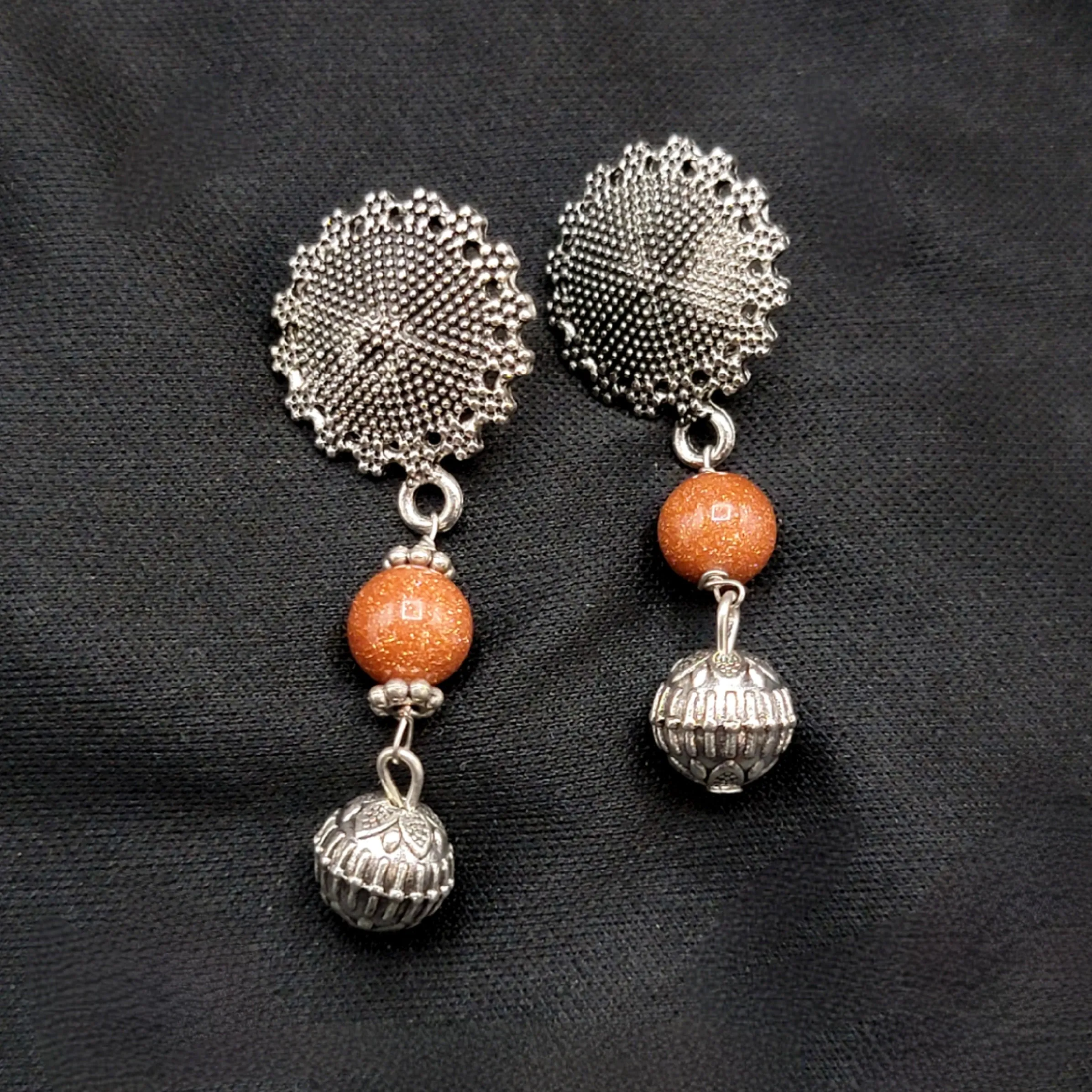 Handmade Sandstone Oxidized German Silver Beads Mala Necklace Set