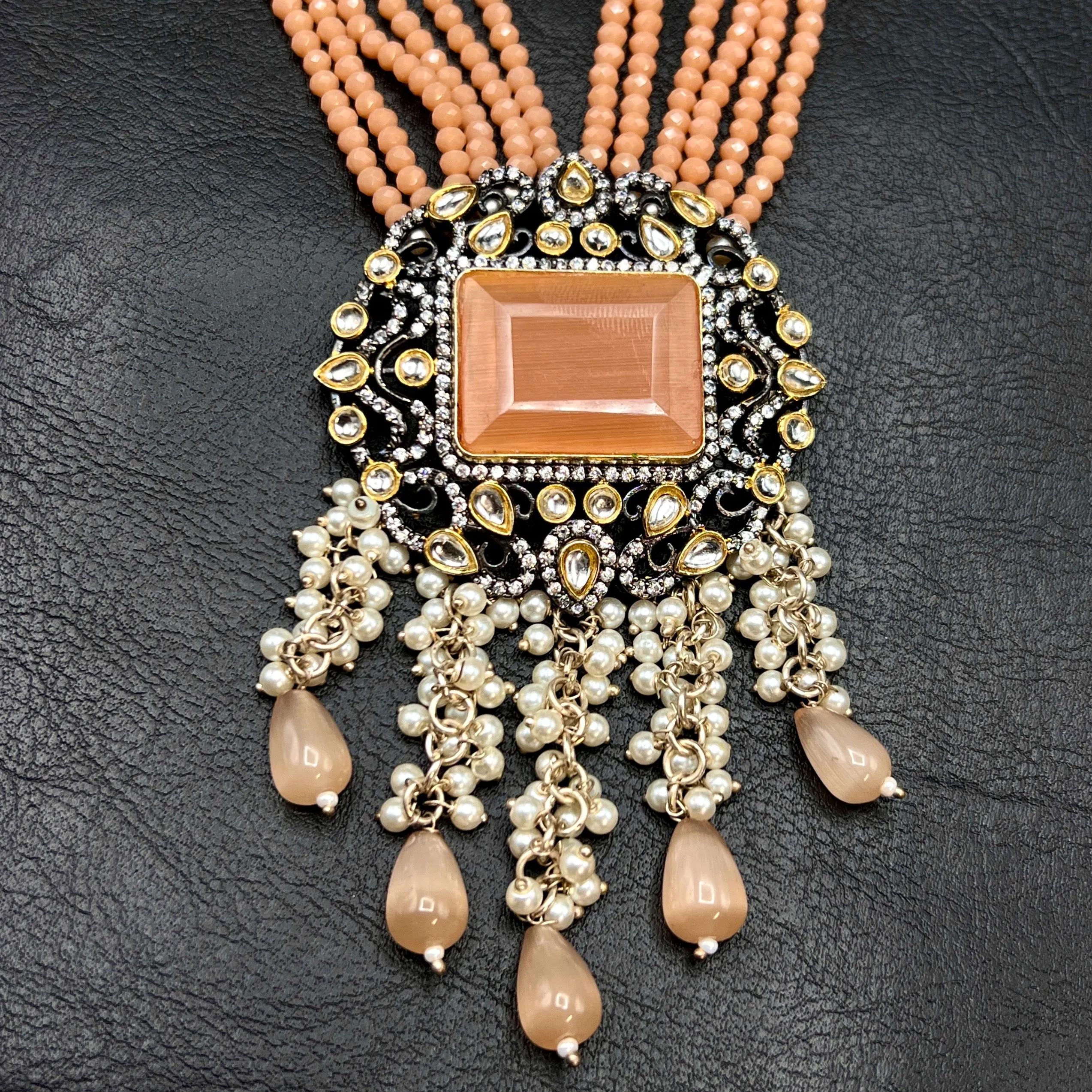 Handmade Victorian AD Kundan Peach Orange crystal beads Mala set