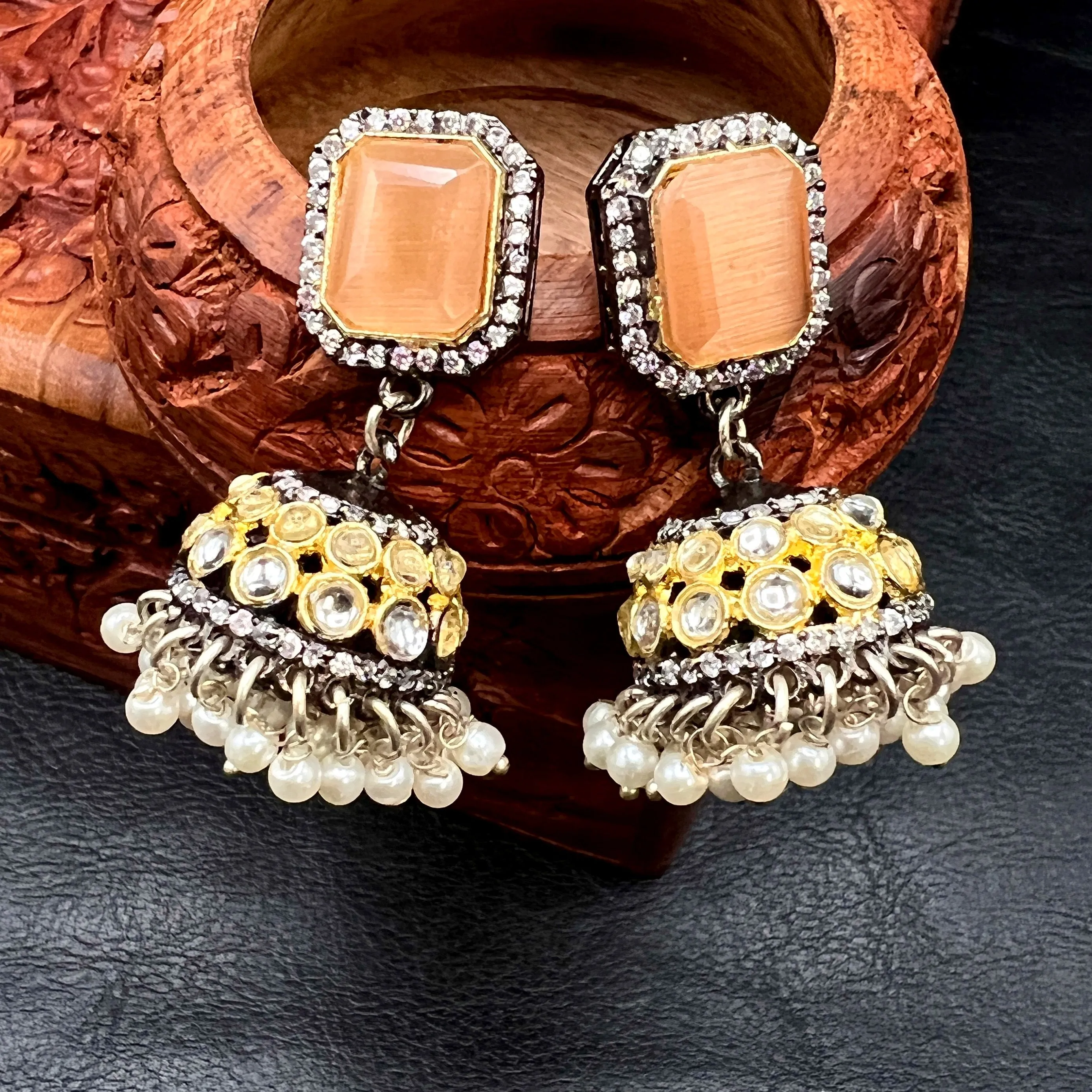 Handmade Victorian AD Kundan Peach Orange crystal beads Mala set