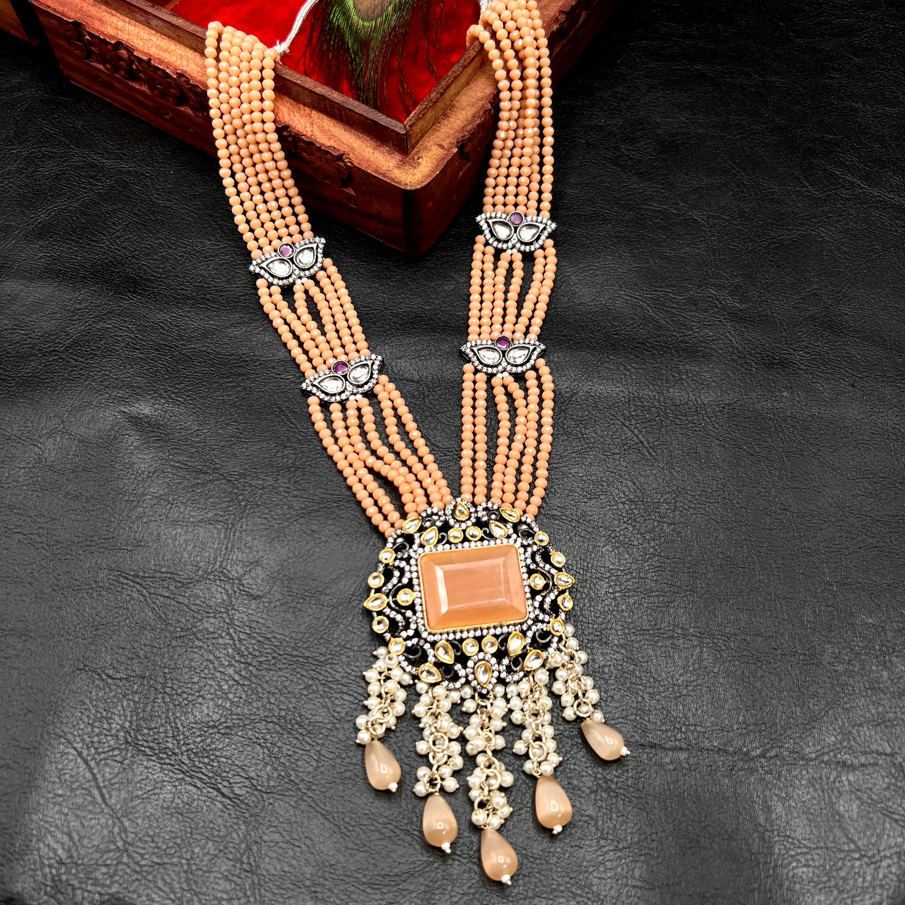 Handmade Victorian AD Kundan Peach Orange crystal beads Mala set