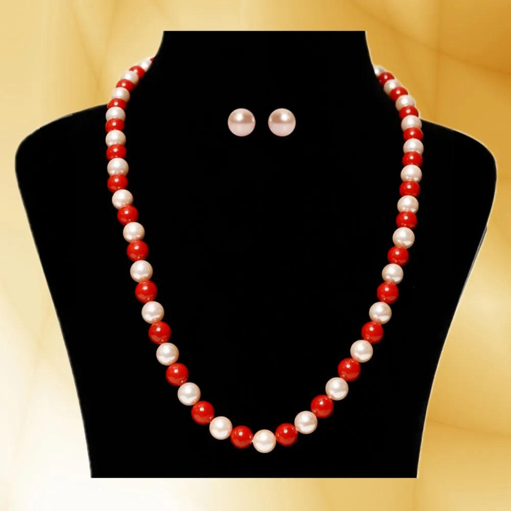 Imeora Red Cream 8mm Shell Pearl Necklace with 10mm Cream Studs