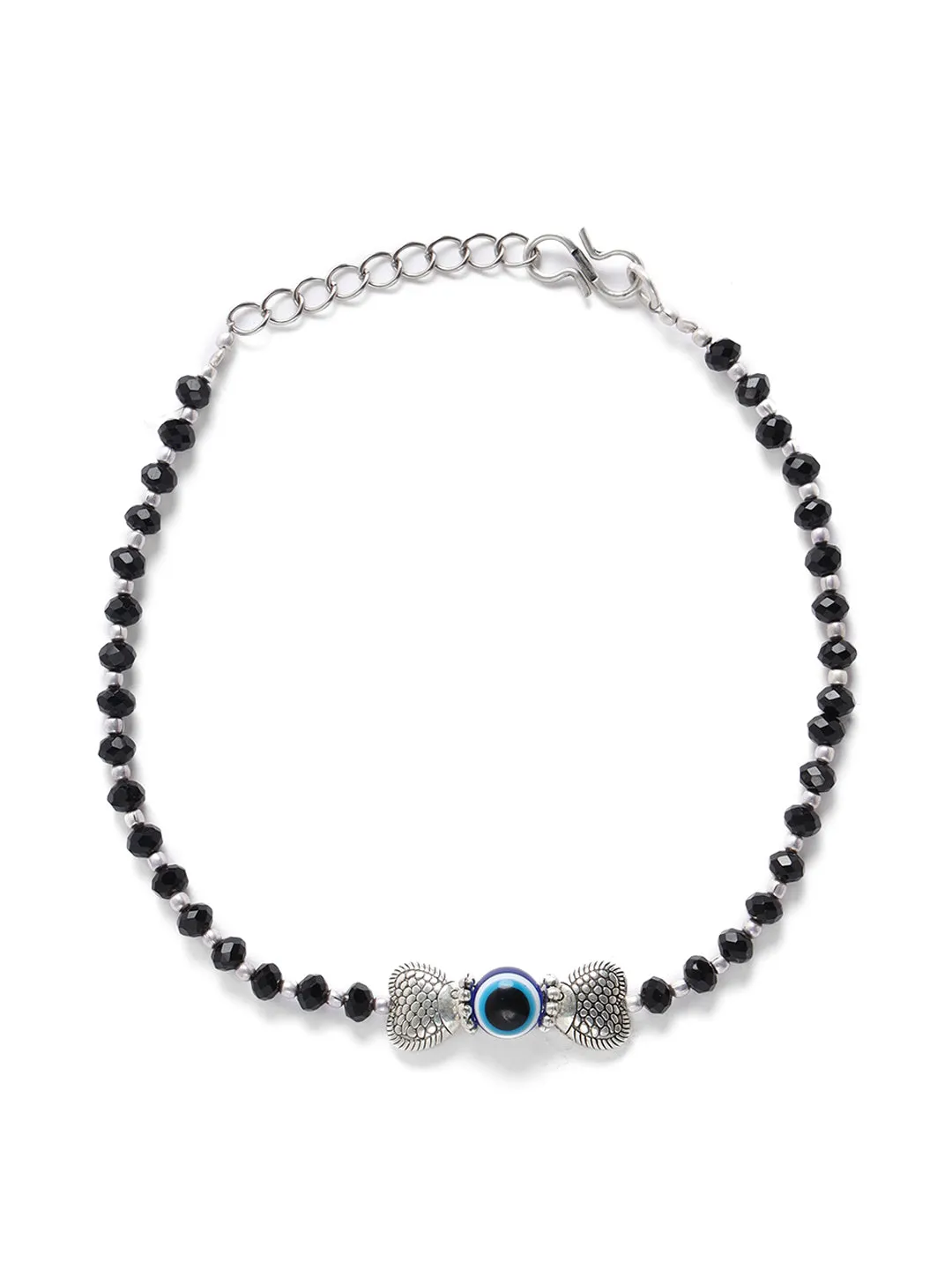 Jazz And Sizzle Set Of 2 Black Stones Studded Silver Plated Heart Shaped & Evil Eye Anklets