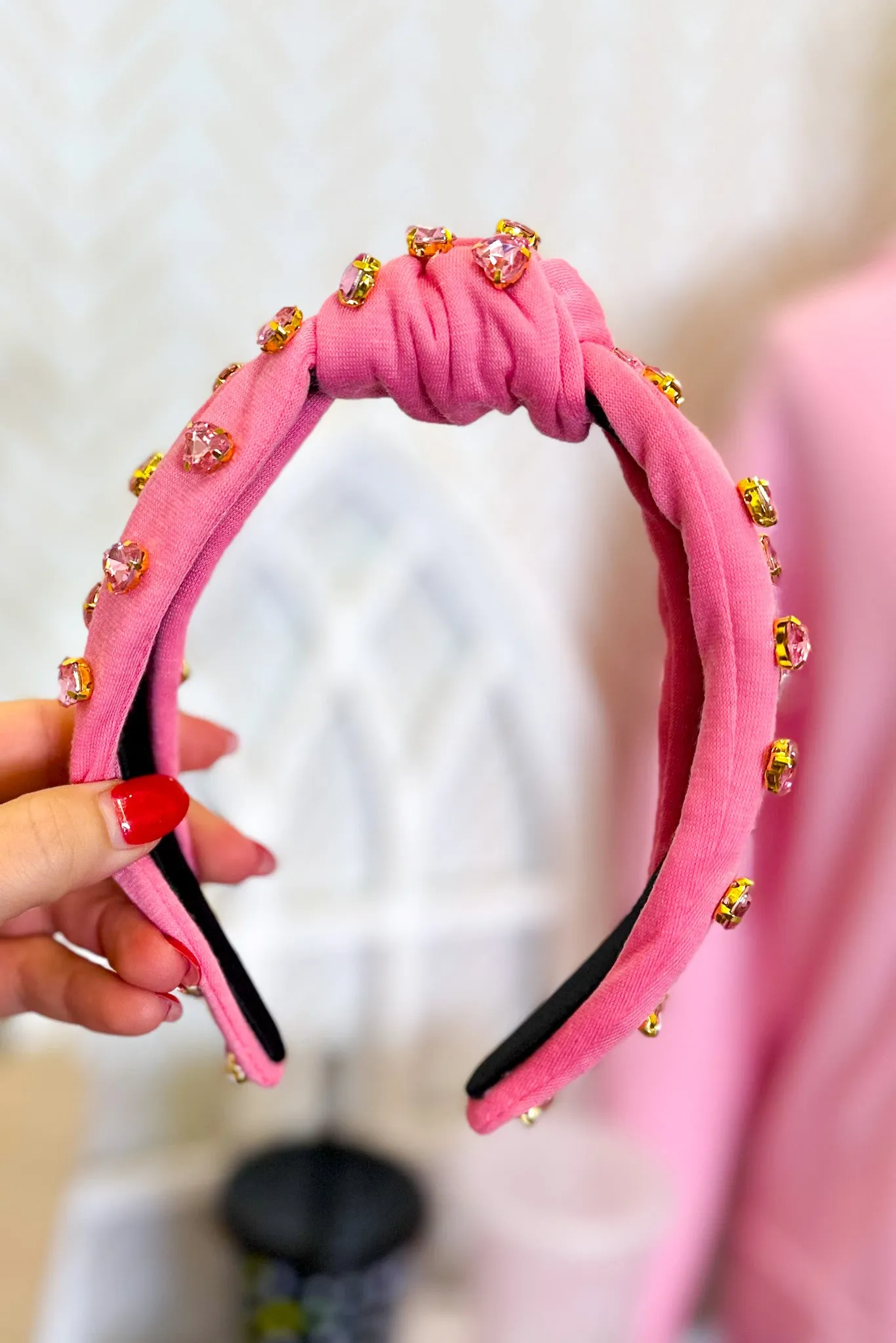 Knotted Headband with Rhinestone Hearts, Baby Pink