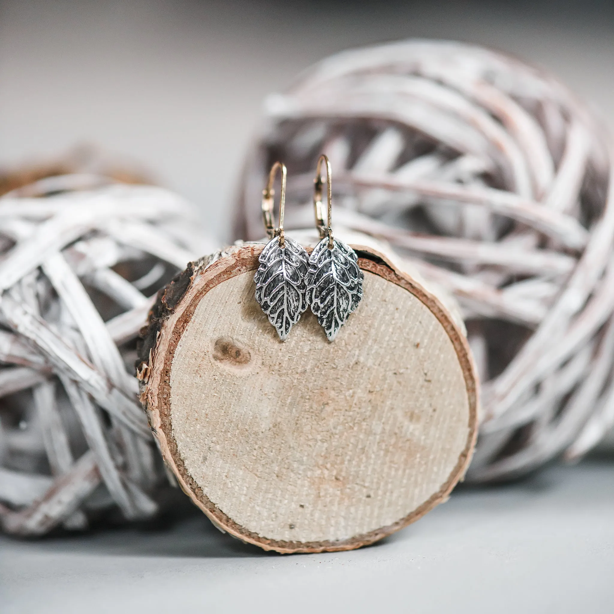 Leaf Drop Earrings, Silver & Gold Two Toned, Antique Finish