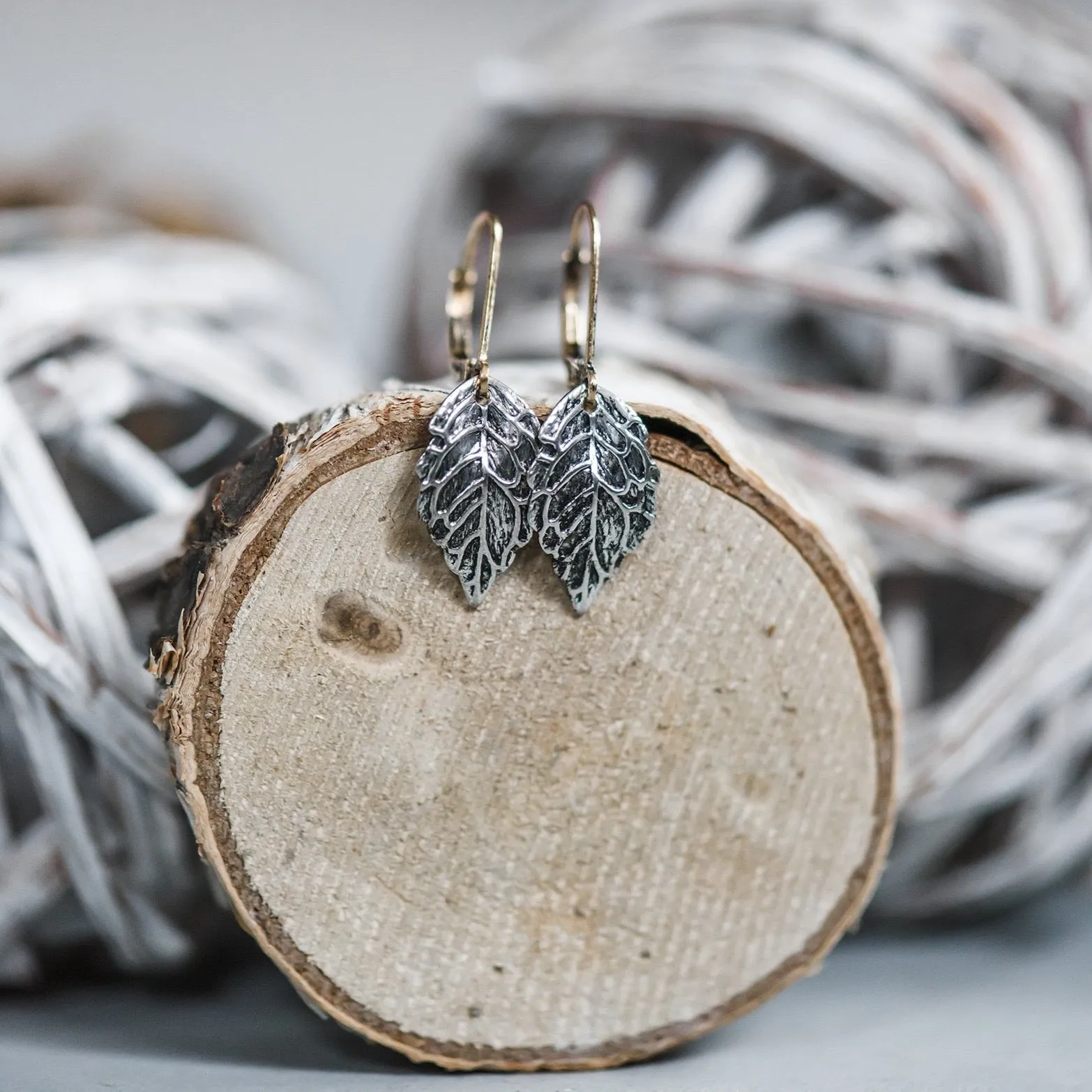 Leaf Drop Earrings, Silver & Gold Two Toned, Antique Finish