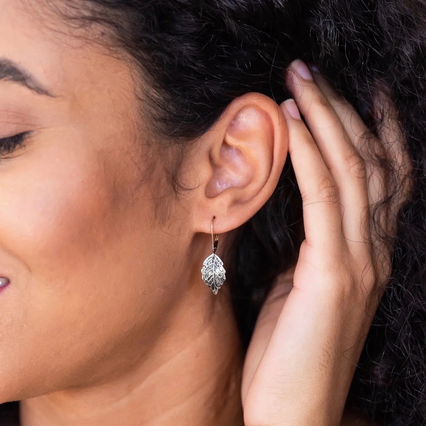 Leaf Drop Earrings, Silver & Gold Two Toned, Antique Finish