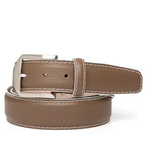 LEN Belt French Pebble Grain Mocha w/ White Edge & Border Stitch STK