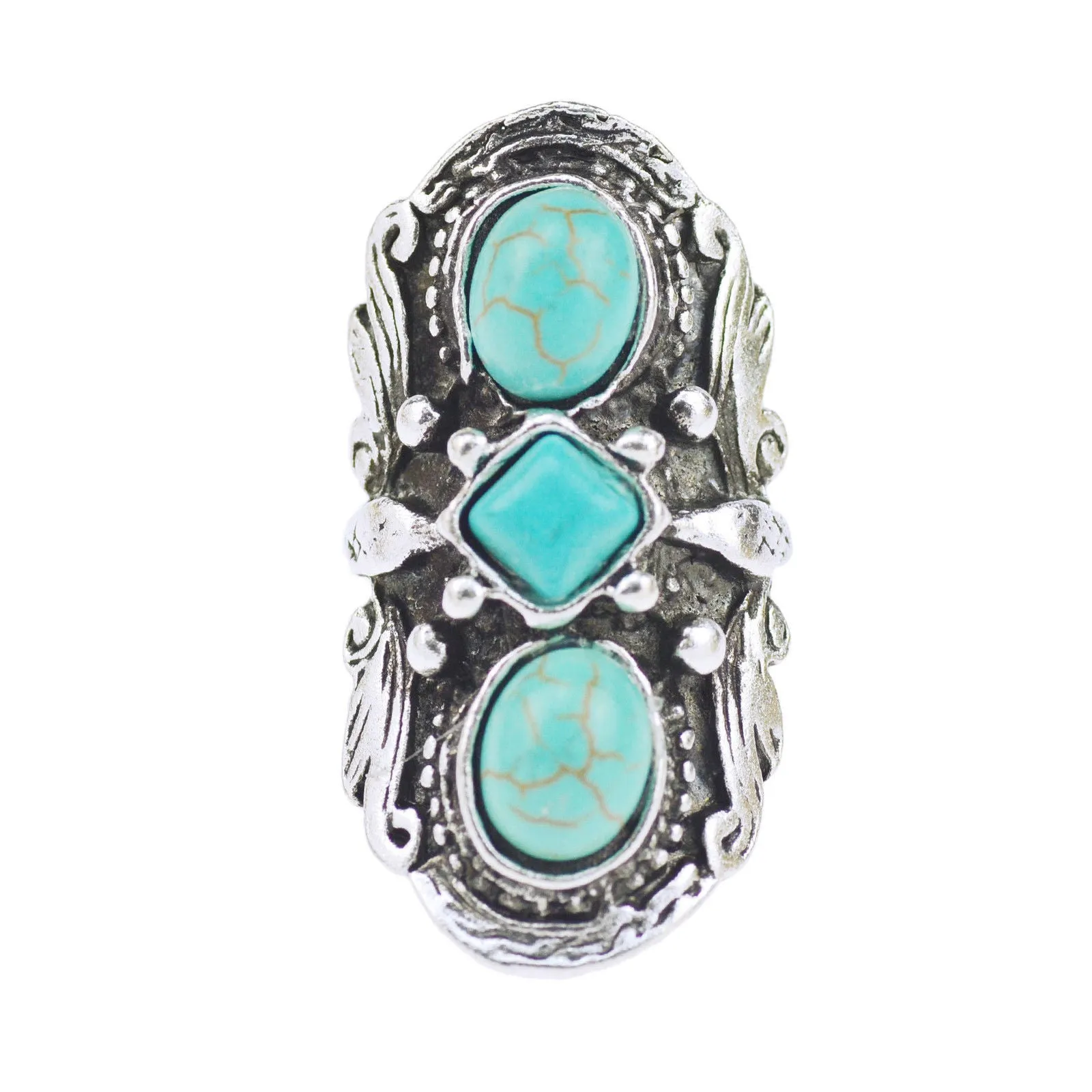 Long Gypsy Triple Turquoise Stone Ring Adjustable One Size Silver Tone Southwestern Statement Festival Jewelry