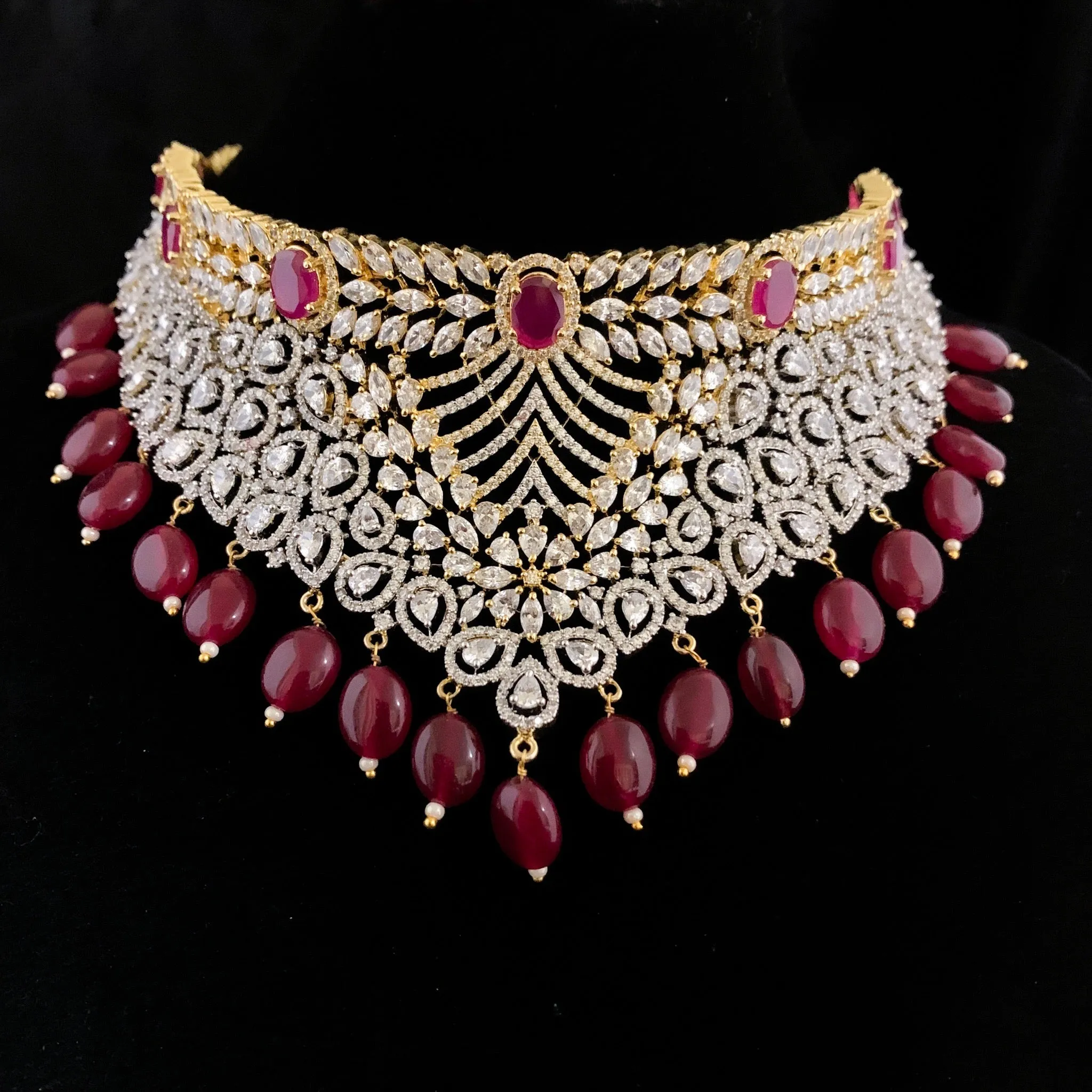 Magnanimous Bridal Heavy Zircon (CZ) Stone Choker Necklace Set with Ruby Red stones