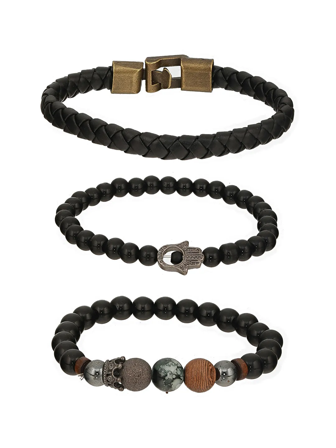 Men Pack Of 3 Black Elasticated & Handcrafted Bracelets