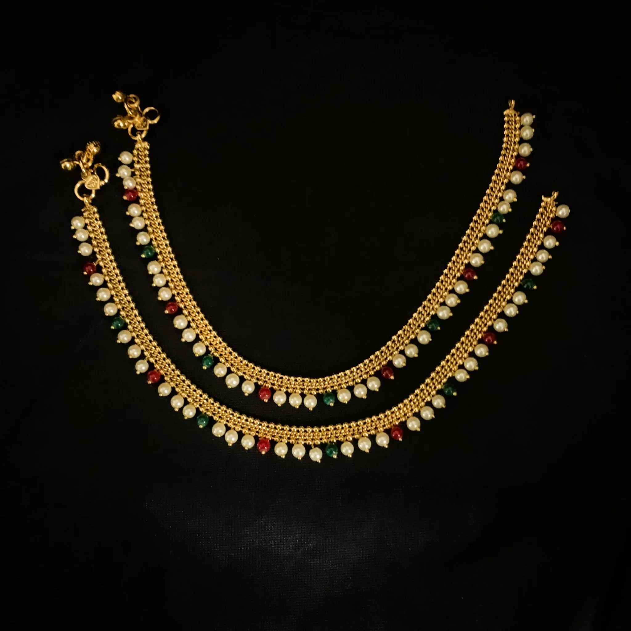 Modern Trendy Antique Gold Anklet with Pearl and color beads