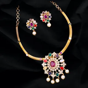 Navarathna Gold Finish Pendant and Earrings Necklace set