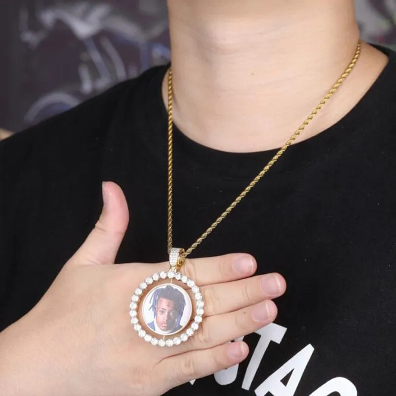 New 18K Gold Plated Durable Personalized Double Sided Photo Rotating Medallion Hip Hop Necklace