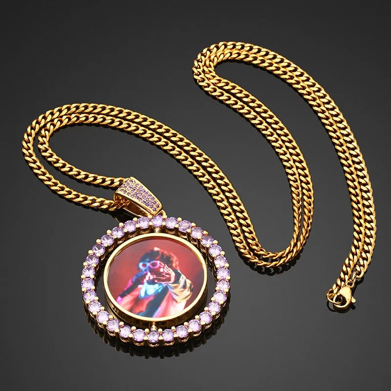 New 18K Gold Plated Durable Personalized Double Sided Photo Rotating Medallion Hip Hop Necklace