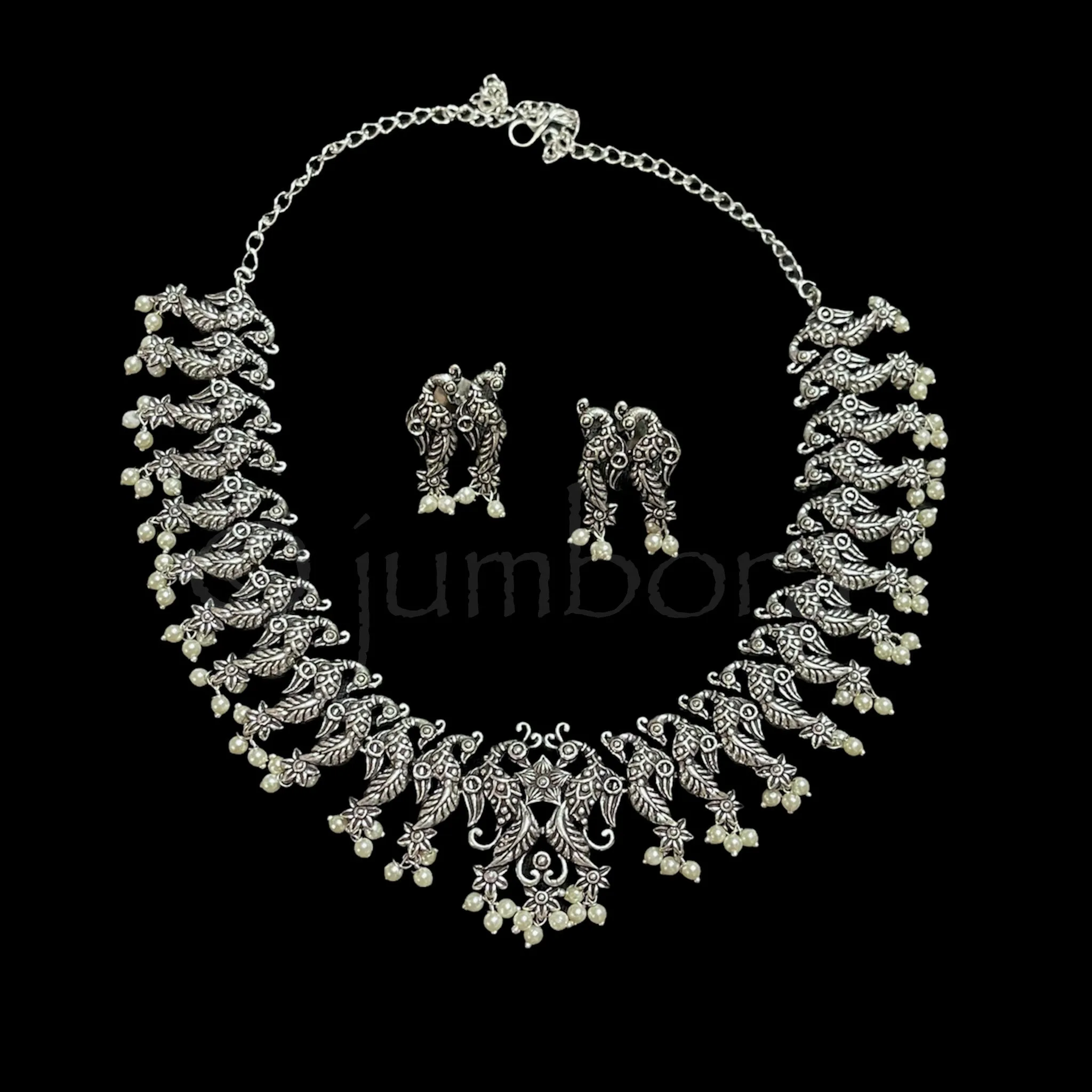 Oxidized German Silver Peacock Necklace with Pearls