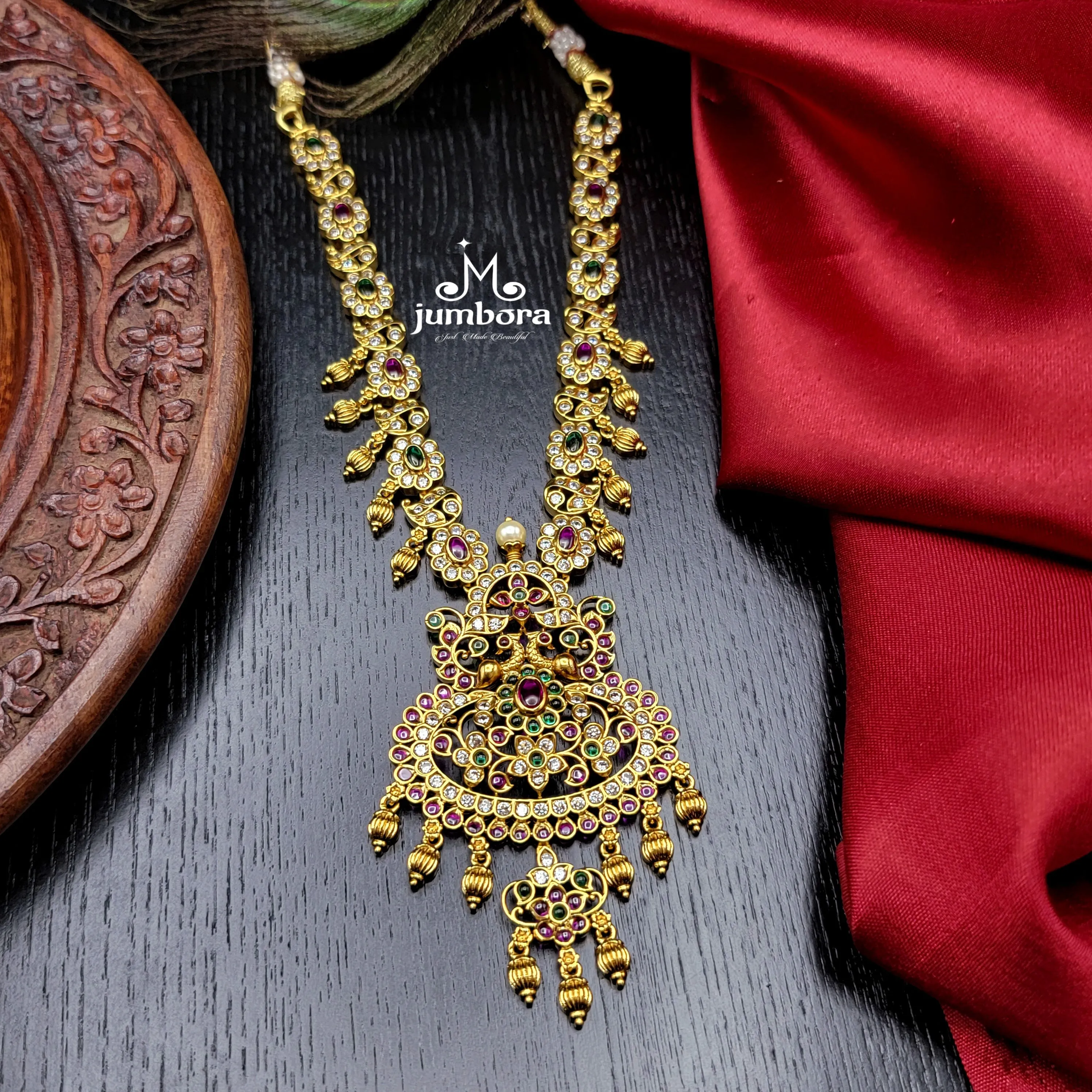 Peacock Antique Gold Red & Green Real Kemp Necklace set