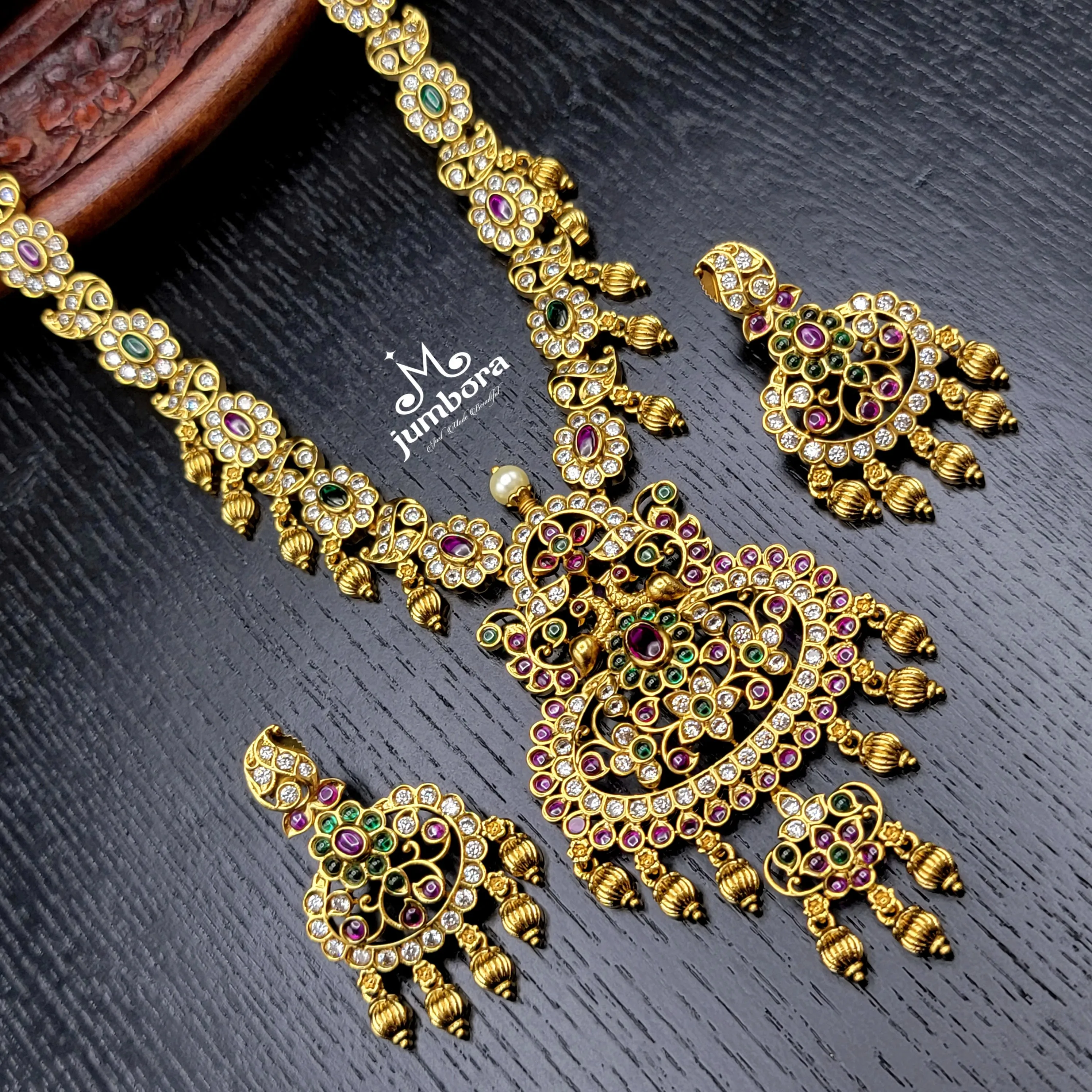 Peacock Antique Gold Red & Green Real Kemp Necklace set