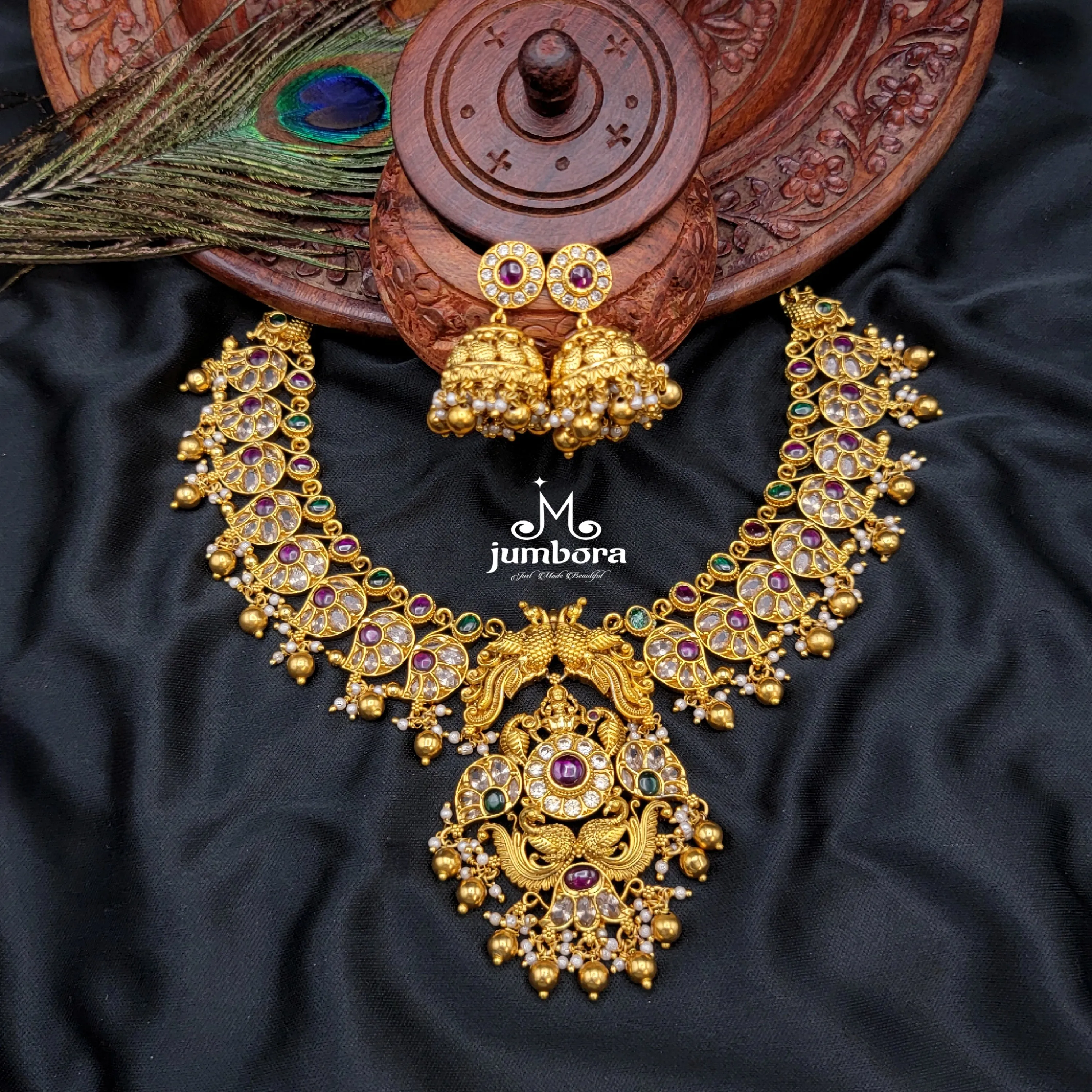 Peacock Nakshi Kemp Lakshmi Necklace in Temple Jewelry