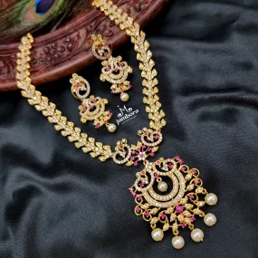 Peacock Ruby Red & White AD Zircon CZ Necklace Set