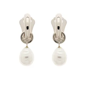 Platinum Hoop & Baroque Pearl Clip Earrings