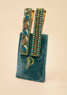 Powder - Narrow Jewelled Hair Bars - Teal Ovals & Beads