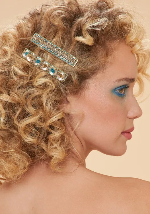 Powder - Narrow Jewelled Hair Bars - Teal Ovals & Beads