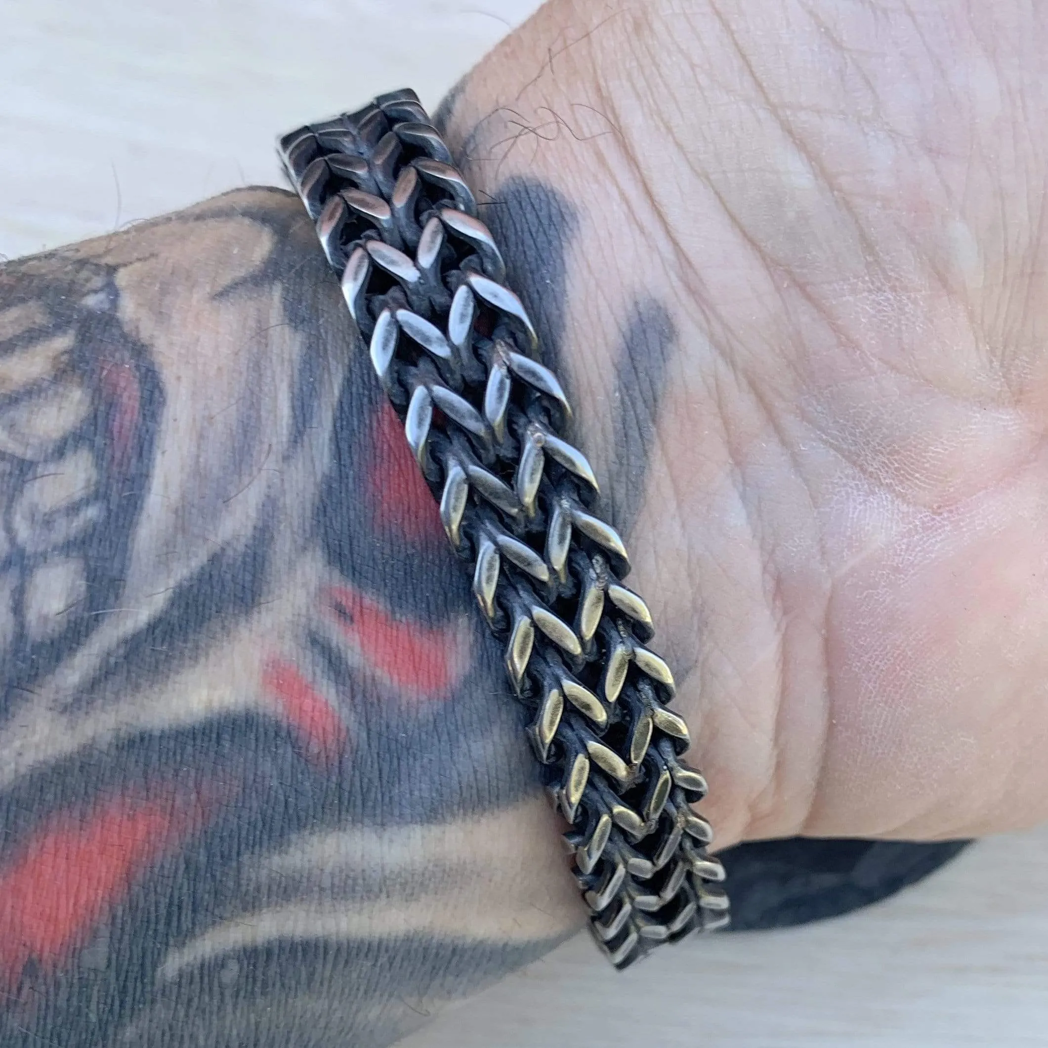 "Viking with 2 Skull Heads" Bracelet - Galvanized - 1/2 inch wide - B10