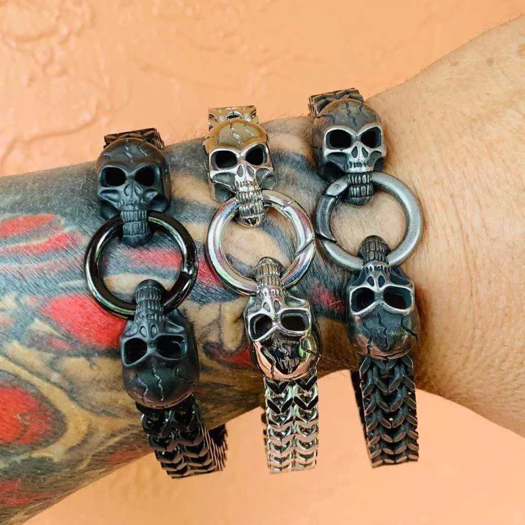 "Viking with 2 Skull Heads" Bracelet - Galvanized - 1/2 inch wide - B10