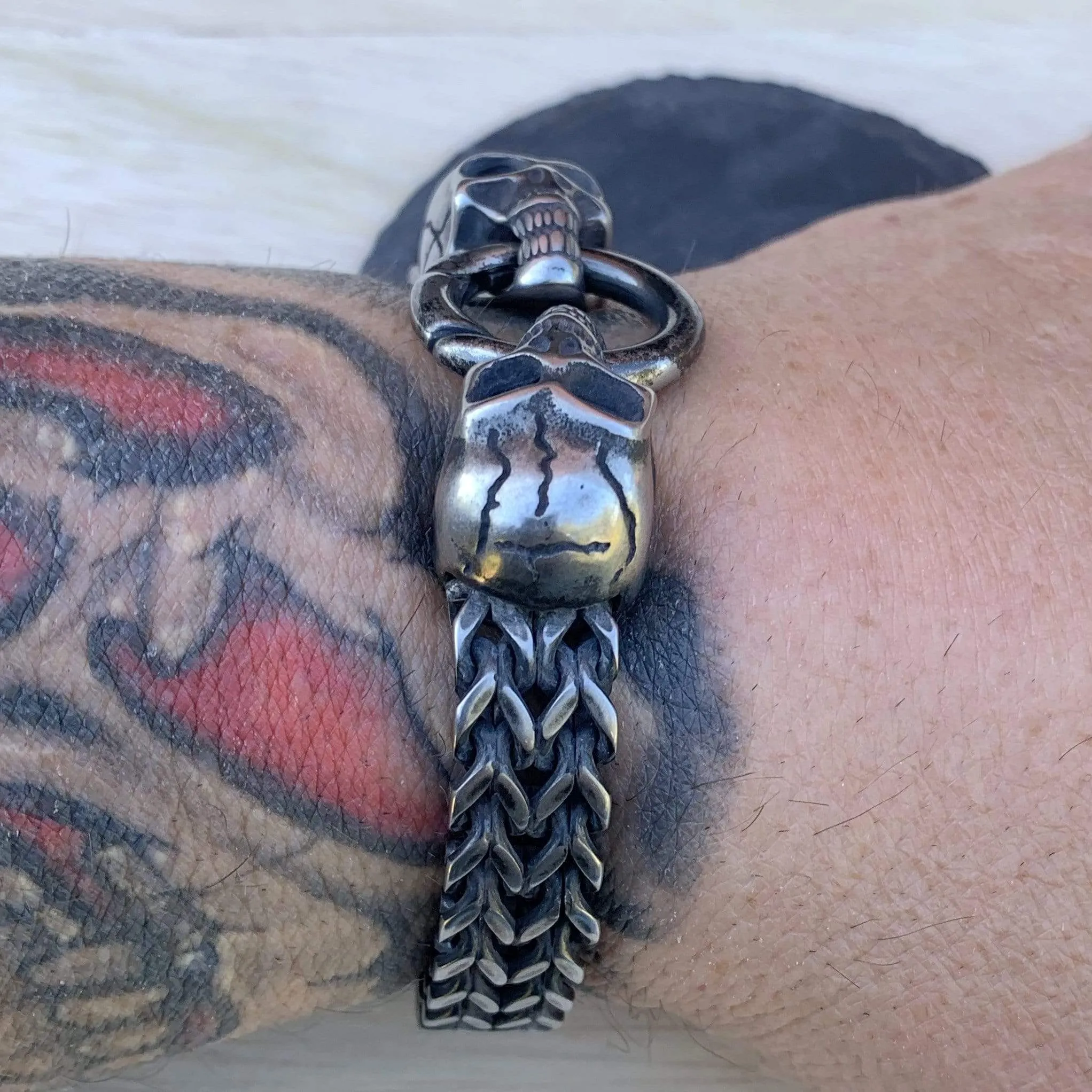 "Viking with 2 Skull Heads" Bracelet - Galvanized - 1/2 inch wide - B10