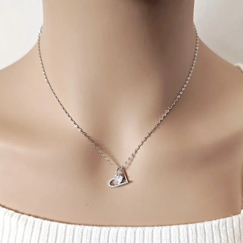 Rhodium Heart Cubic Zirconia Necklace