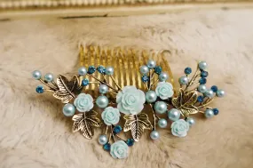 Sale! Blue Flower Hair Accessory, Pearl Hair comb, Gold hair accessory, Flower leaf hair comb, Wedding hair jewelry, Bridesmaid hair accesso