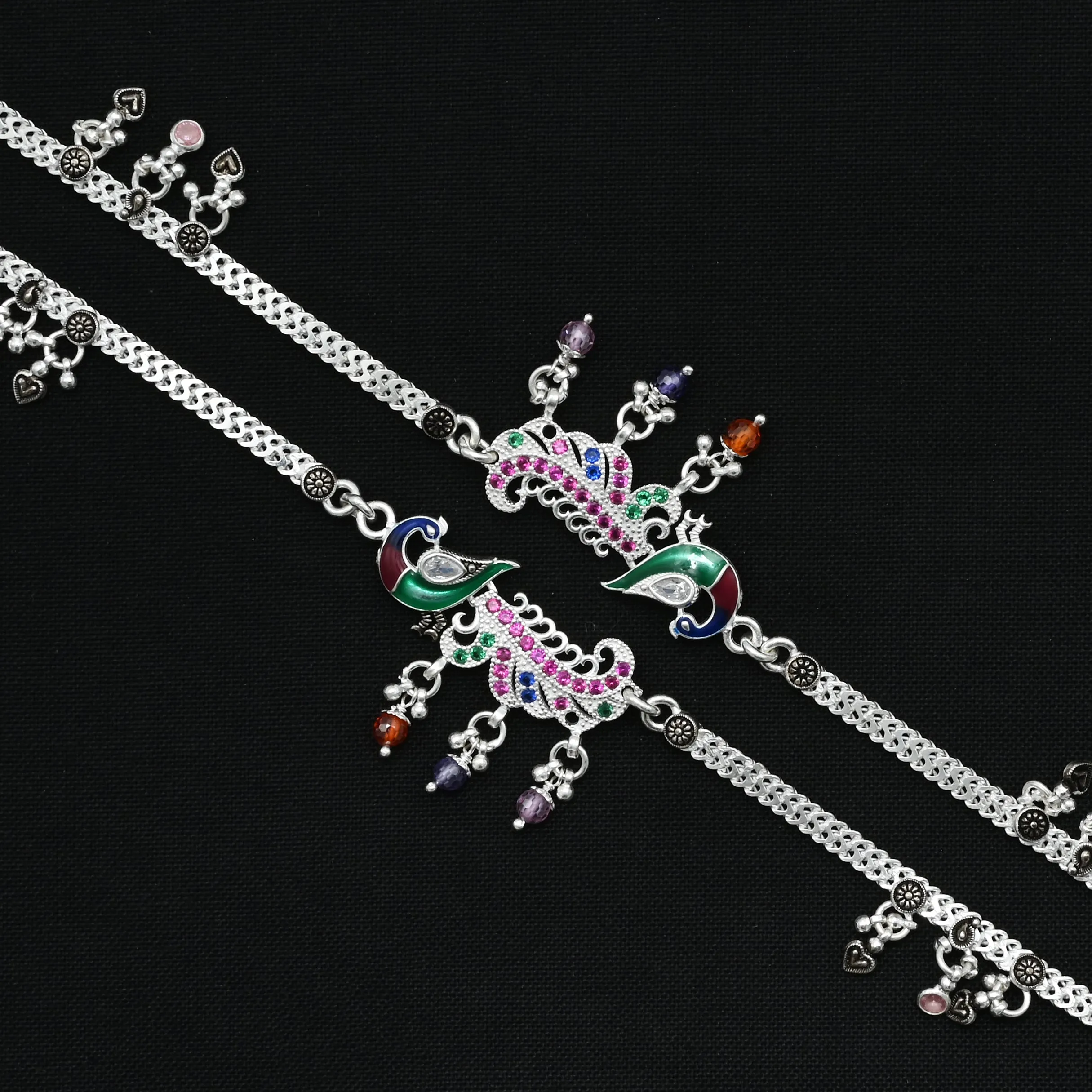 Silver Beauty Of  Peacock Colorful Beads Anklet