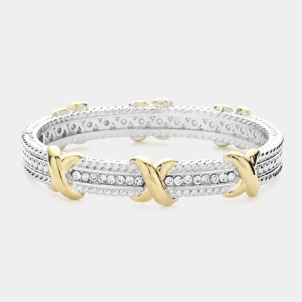 Silver Paved Two Tone Crisscross Bangle Bracelet