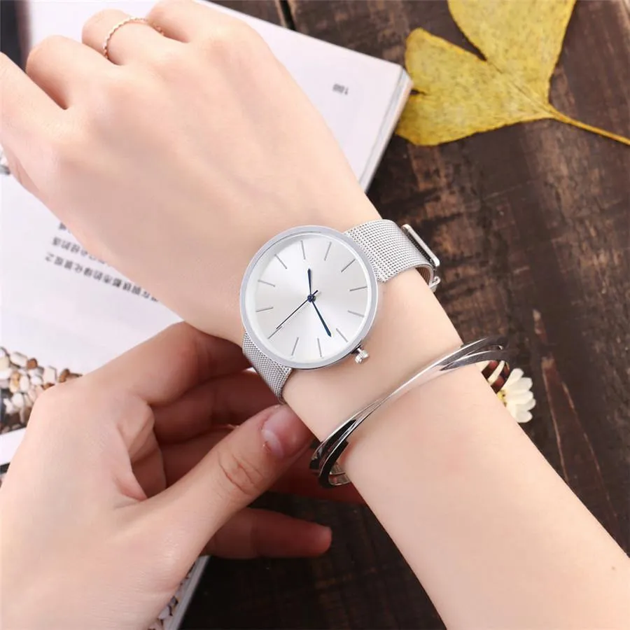 SILVER PLAIN MESH BAND WOMENS QUARTZ WRIST WATCH