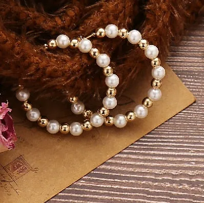 Simple Plain Gold Color Metal Pearl Hoop Earrings Fashion Big Circle Hoops Statement Earrings for Women Party Jewelry