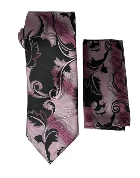 Stacy Adams Baroque Vine Tie and Handkerchief - Black & Pink