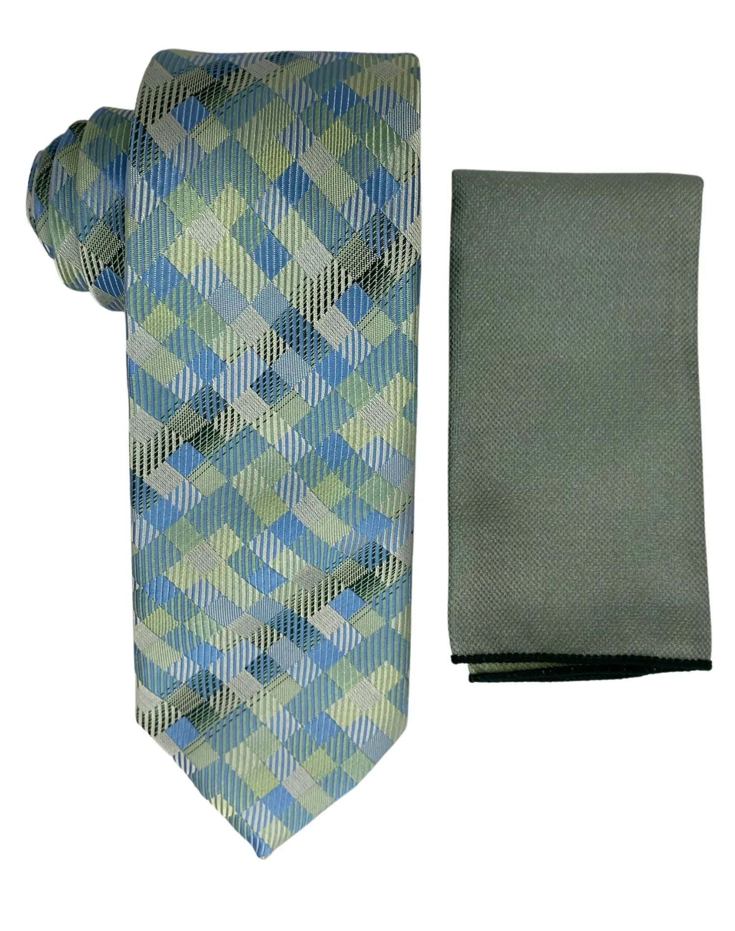 Stacy Adams Checkered Tie and Handkerchief - Green & Blue